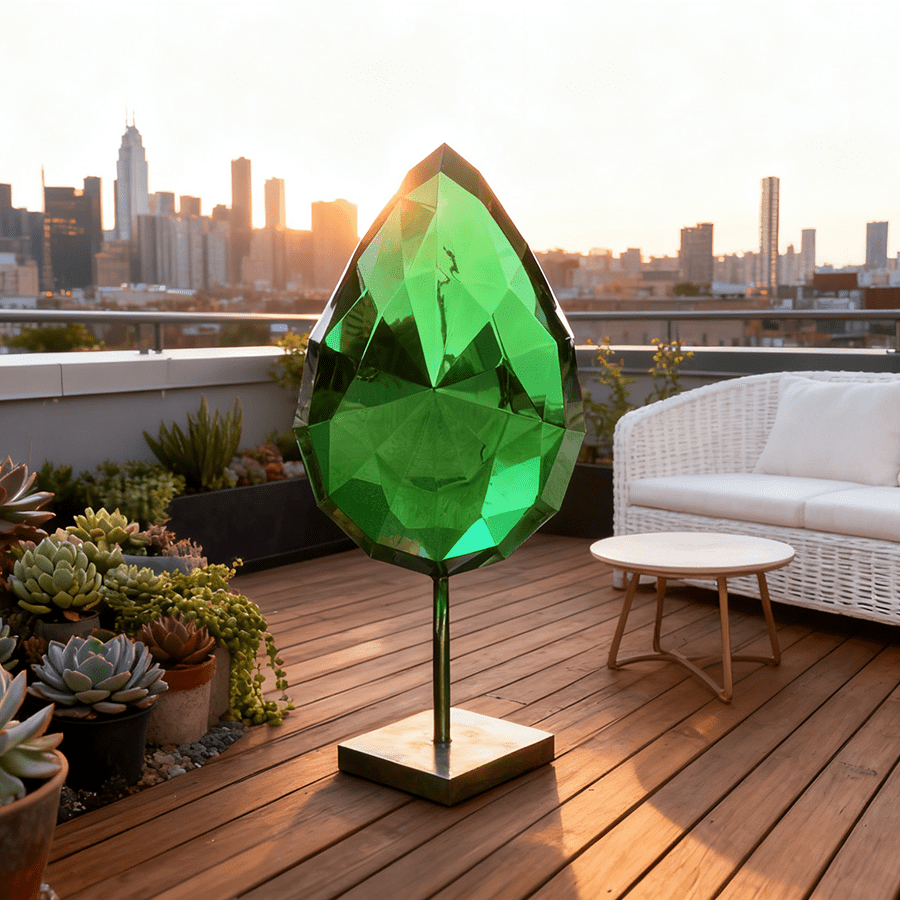 Modern Stainless Steel Leaf Sculpture | Green Gemstone Metal Art for Garden & Interior Decoration - Image 2